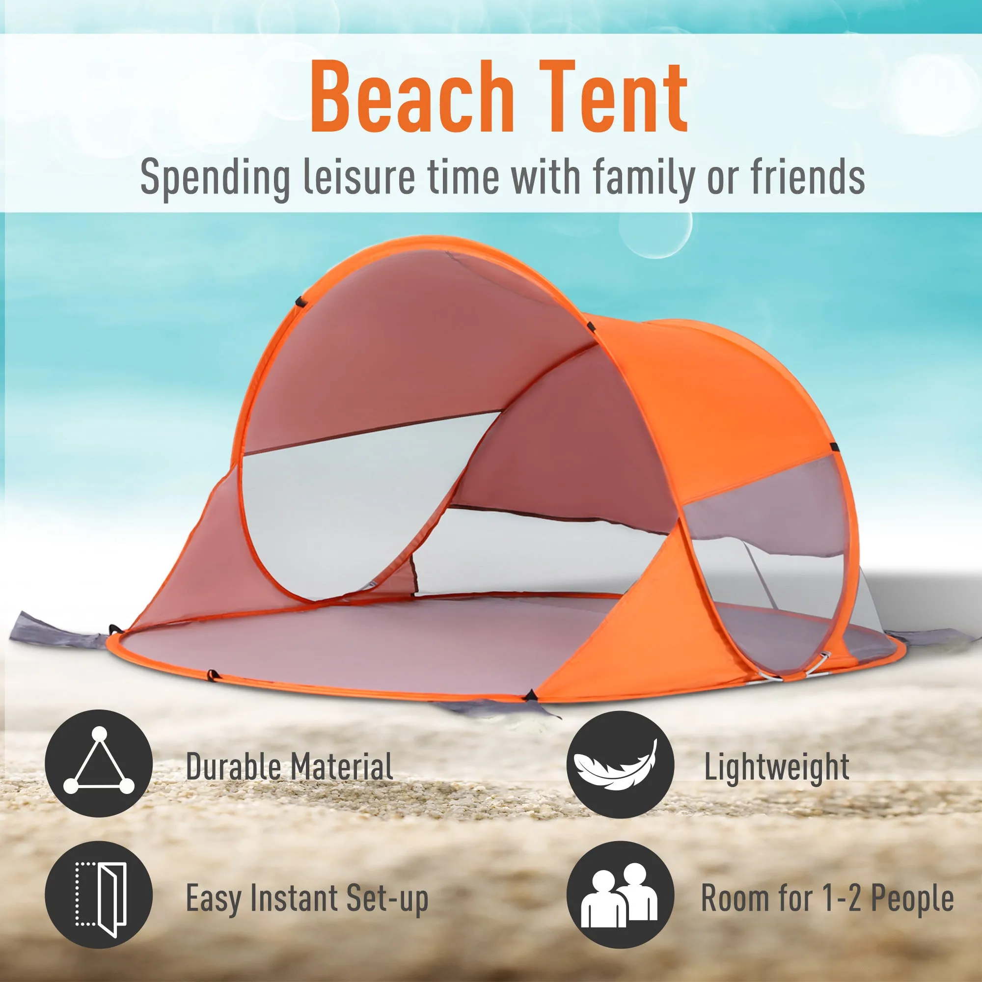 1-2 Person Pop up Beach Tent Hiking UV 30  Protection Patio Sun Shelter Portable Automatic - Orange