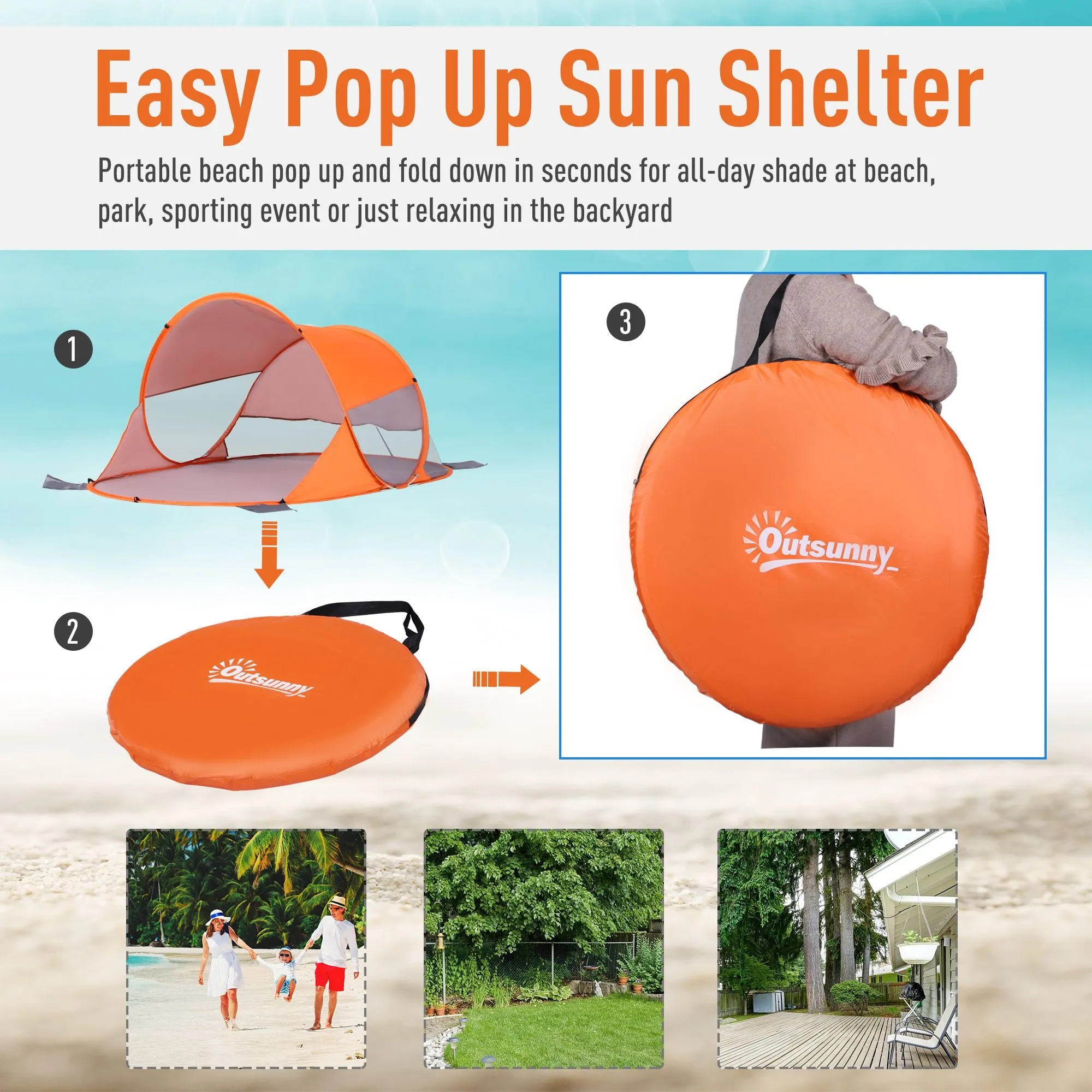 1-2 Person Pop up Beach Tent Hiking UV 30  Protection Patio Sun Shelter Portable Automatic - Orange