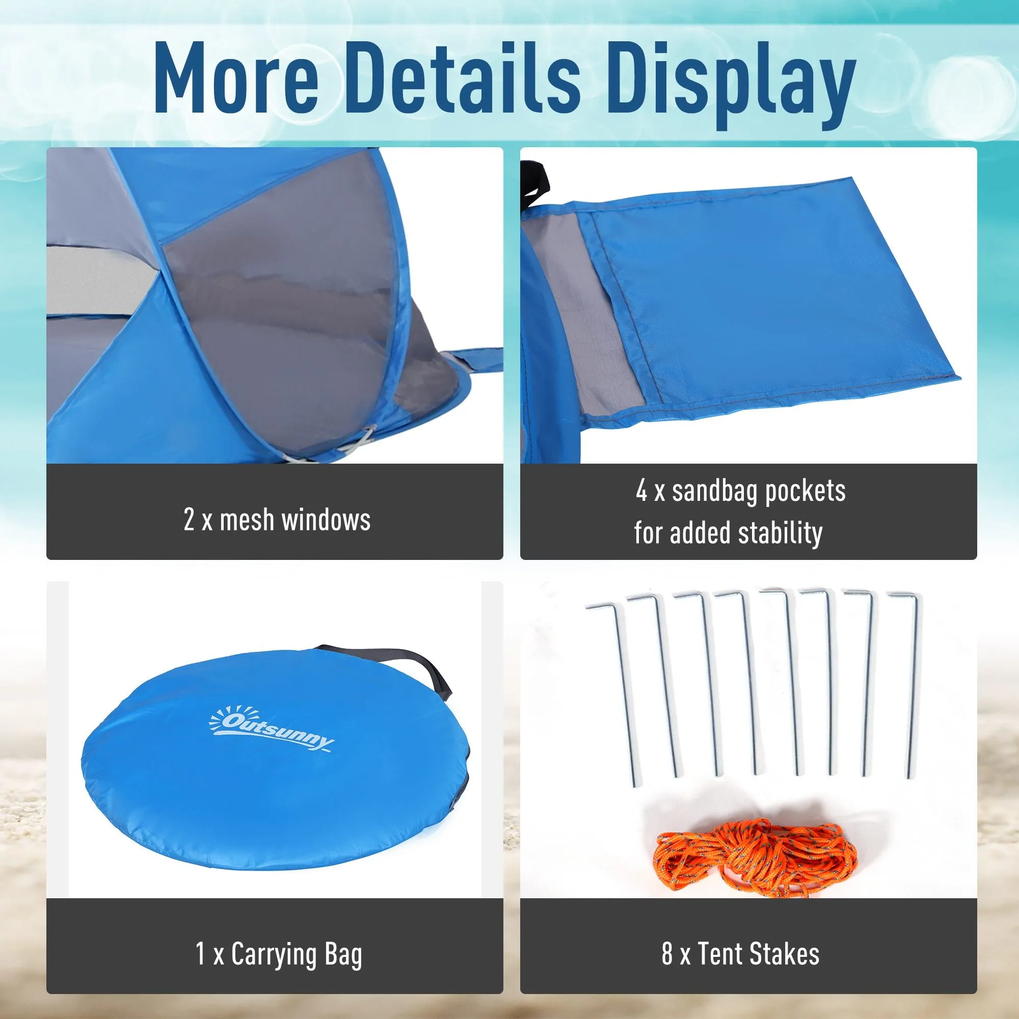 1-2 Person Pop up Tent Beach Tent Hiking UV 30  Protection Patio Sun Shelter Portable Automatic - Blue