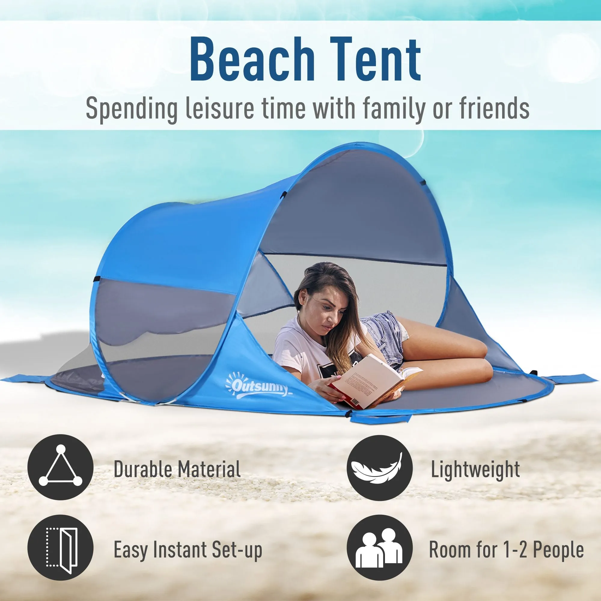 1-2 Person Pop up Tent Beach Tent Hiking UV 30  Protection Patio Sun Shelter Portable Automatic - Blue