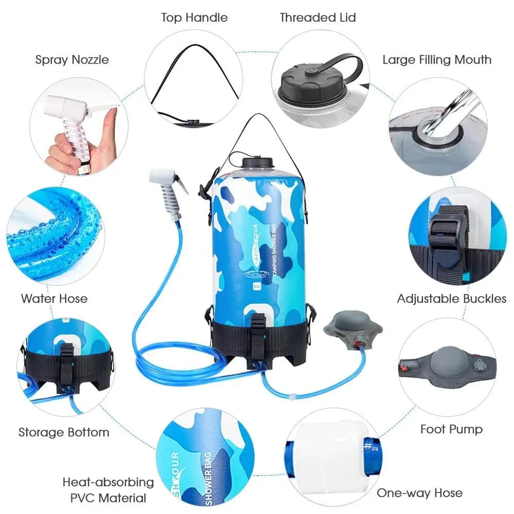 12L Portable Camping Shower Bag Water Bags with Foot Pump and Shower Head Hose for Outdoor Camping Hiking Survival Equipment