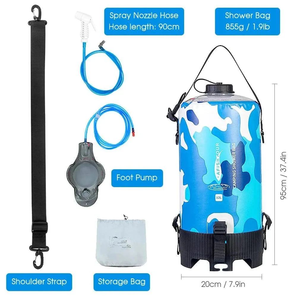 12L Portable Camping Shower Bag Water Bags with Foot Pump and Shower Head Hose for Outdoor Camping Hiking Survival Equipment