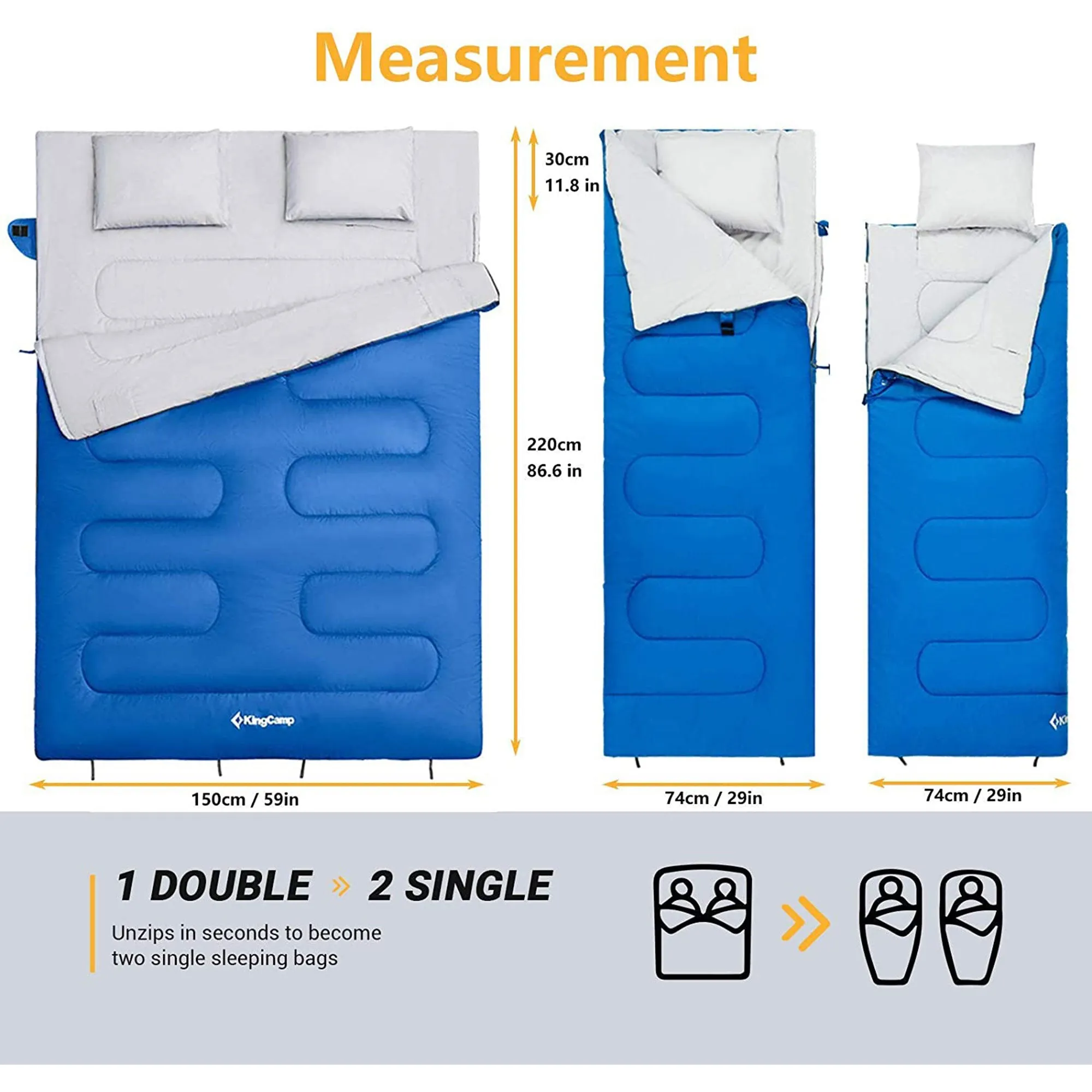 87x59" 2 Person 20 Degree Family Couple Sleeping Bag w/2 Pillows, Blue(Open Box)