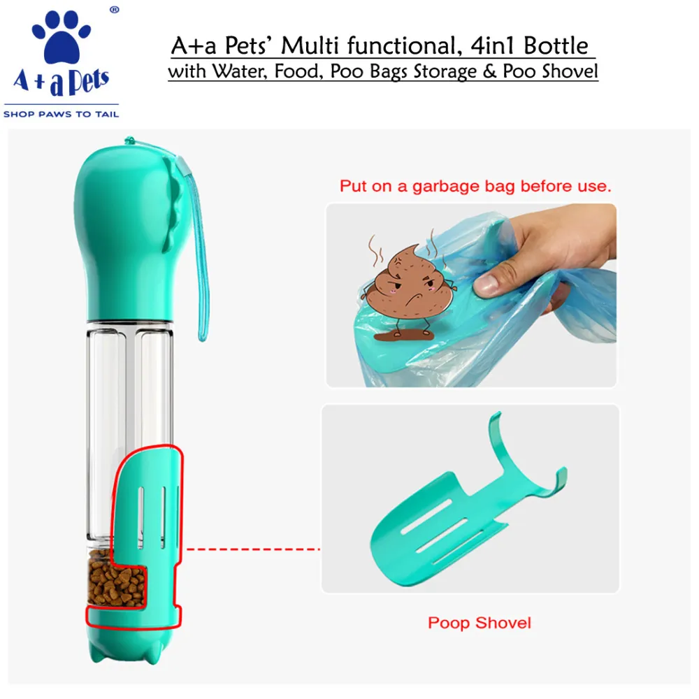 A Plus A Pets 4in1 Multi Functional Bottle With Water, Food, Poo Bags Storage & Poo Shovel for Dogs (Pink)