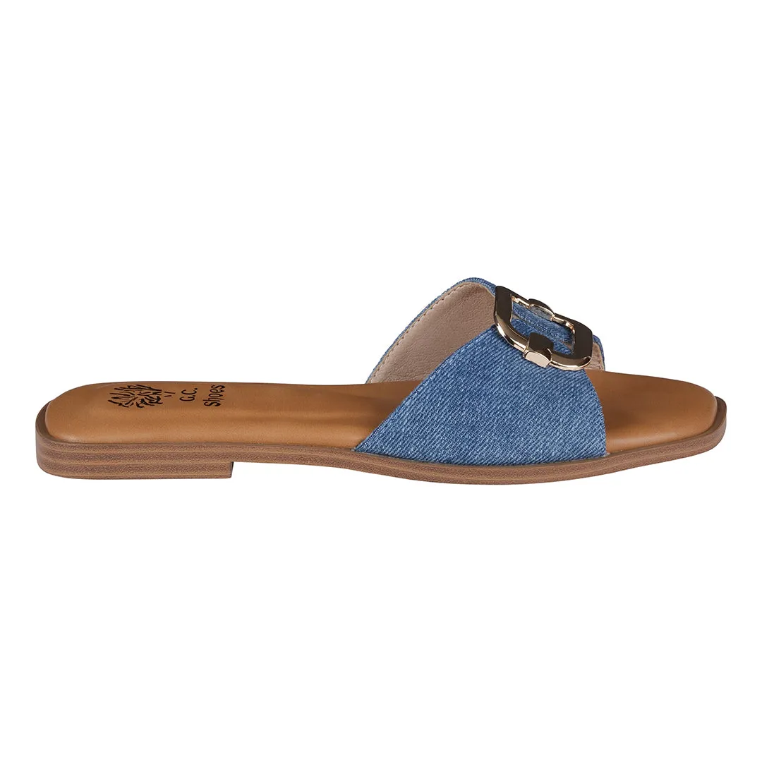 Davina Denim Hardware Slide Flat Sandals