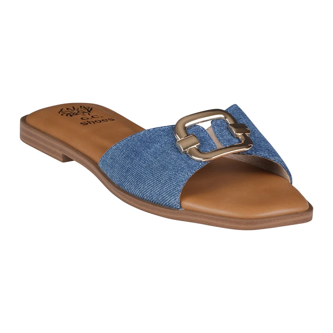 Davina Denim Hardware Slide Flat Sandals