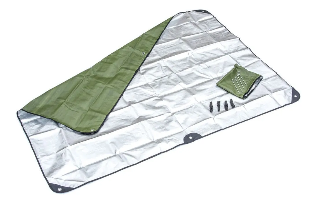 Green Double-Sided Thermal Reflective Tarp Kit, 60" x 82", Pegs and Paracords Included