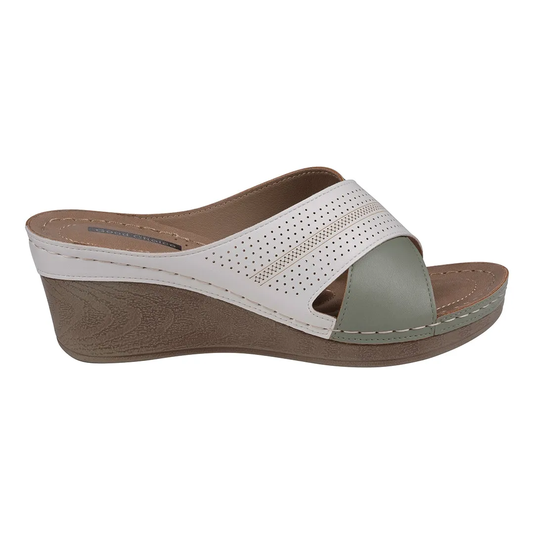 Hayden Perforated Sage/White Contrast Cross Strap Wedge Sandals