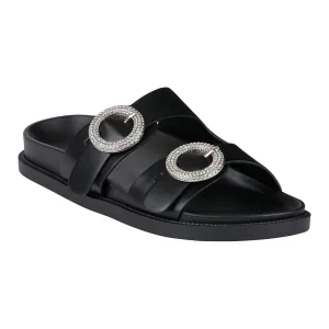 Jordyn Black Double Band Embellished Slide Footbed Sandals