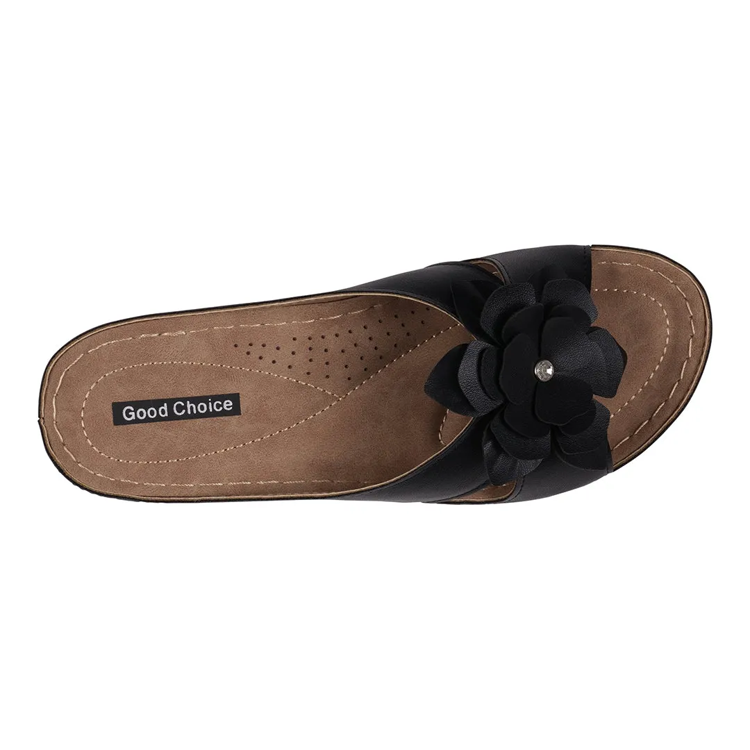 Joy Black Flower Comfort Flat Sandals