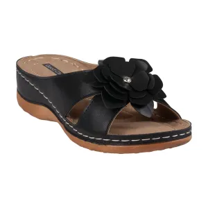 Joy Black Flower Comfort Flat Sandals