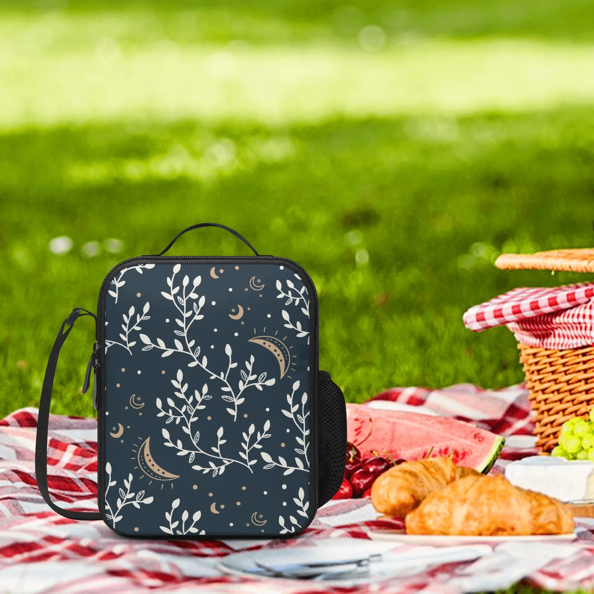 Lunch Bag-All-Over Print-Lunch Box Bag with Bottle Holder-Boho Moon Leaves Pattern