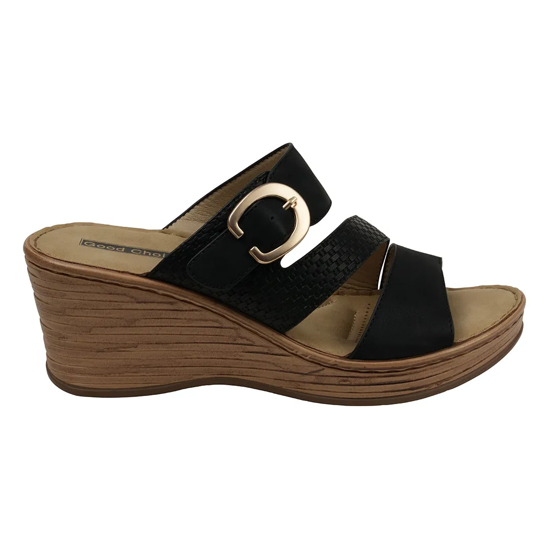 Odalis Black Buckle Comfort Wedge Sandals