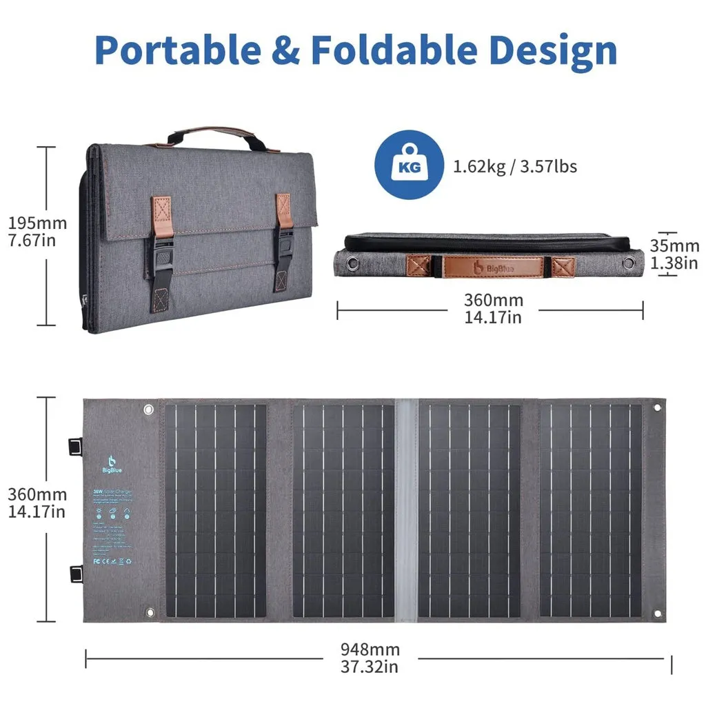 Portable Foldable 36W Solar Panel Charger with USB-C, Black - BigBlue