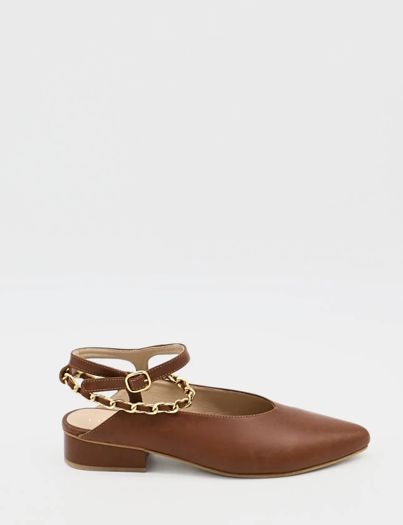 Selene gold chain slip on mule in tan leather