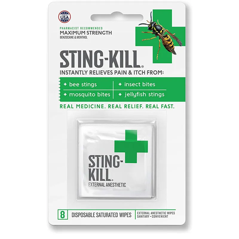 Sting-Kill First Aid Anesthetic Wipes Instant Pain   Itch Relief from Bee Stings and Bug Bites, 8 Pack