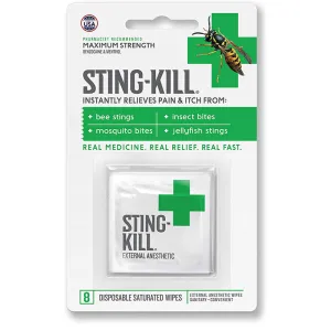 Sting-Kill First Aid Anesthetic Wipes Instant Pain   Itch Relief from Bee Stings and Bug Bites, 8 Pack